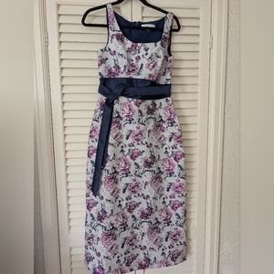 NWT Kay Unger Lila Floral Tea Length Dress with Navy Sash